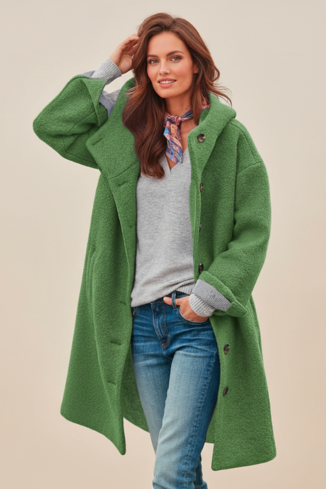Fall Wool Blend Oversized Coat — Button-Front Hooded Outerwear