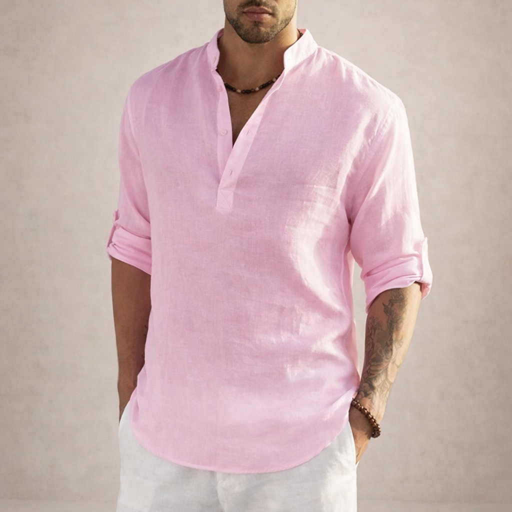 Men's Linen Shirt Regular Fit Breathable Stand-Up Collar Long Sleeves