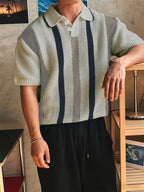 Mens Short Sleeve V Neck Striped Polo