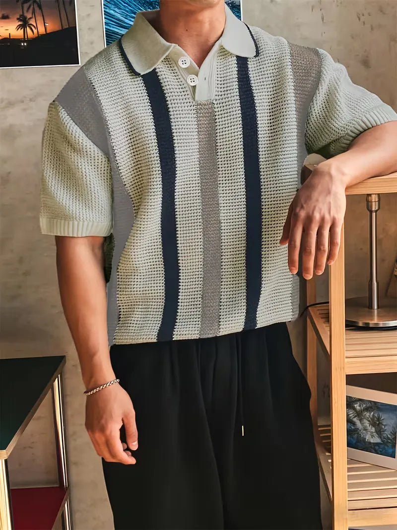 Mens Short Sleeve V Neck Striped Polo