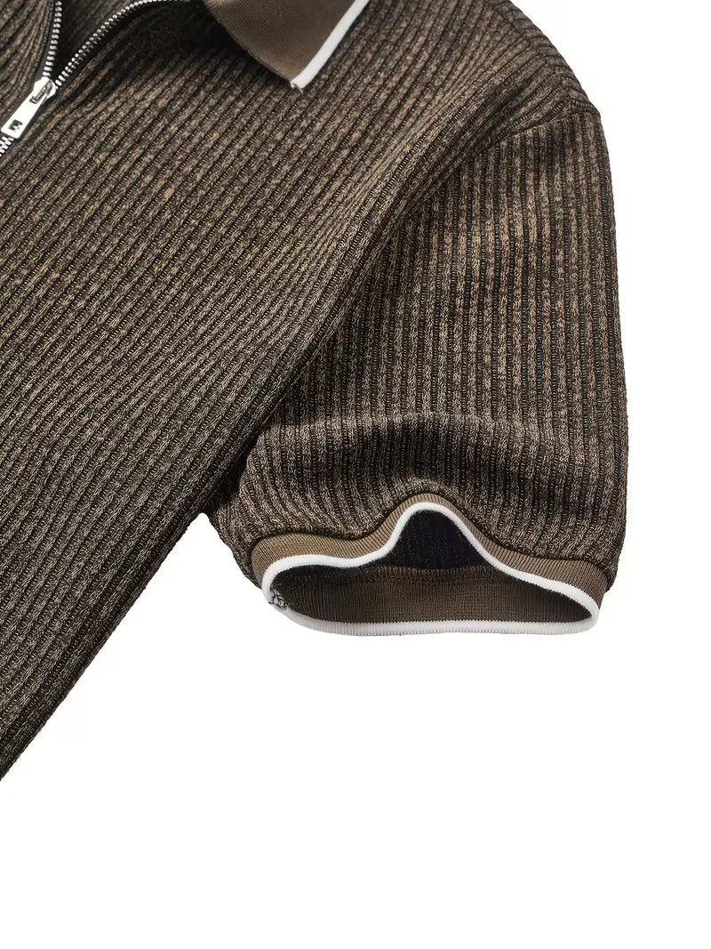Mens V Neck Zip Polo Ribbed Texture