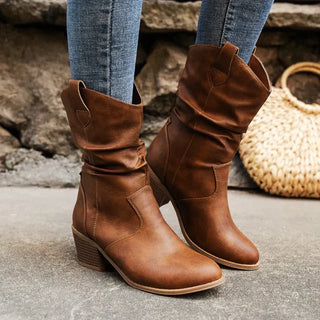Leather Western Cowboy Boots Pointed Toe Block Heel