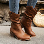 Leather Western Cowboy Boots Pointed Toe Block Heel