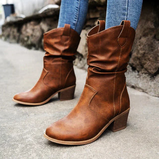 Leather Western Cowboy Boots Pointed Toe Block Heel
