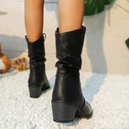 Leather Western Cowboy Boots Pointed Toe Block Heel