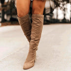Suede Knee High Boots Slouchy Cognac Brown Block Heel