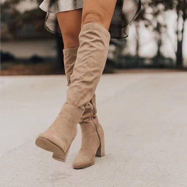 Suede Knee High Boots Slouchy Cognac Brown Block Heel