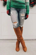 Suede Knee High Boots Slouchy Cognac Brown Block Heel