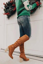 Suede Knee High Boots Slouchy Cognac Brown Block Heel