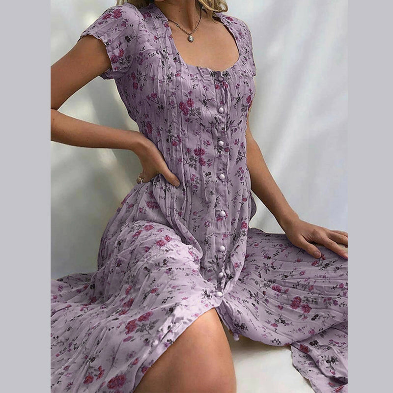 Womens Maxi Summer Dress Floral Button Closure Five Color