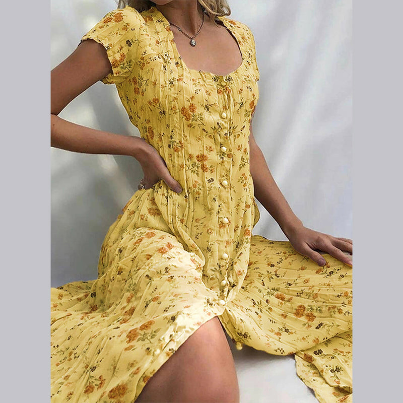 Womens Maxi Summer Dress Floral Button Closure Five Color