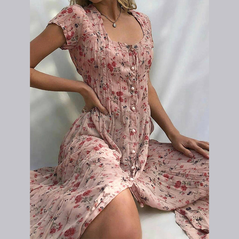 Womens Maxi Summer Dress Floral Button Closure Five Color