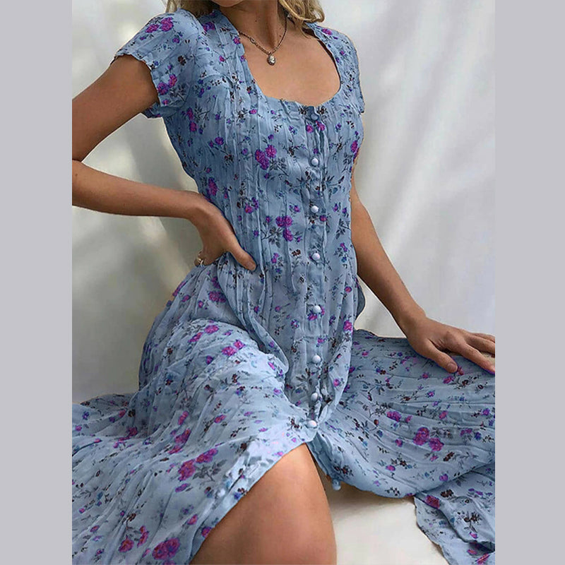 Womens Maxi Summer Dress Floral Button Closure Five Color