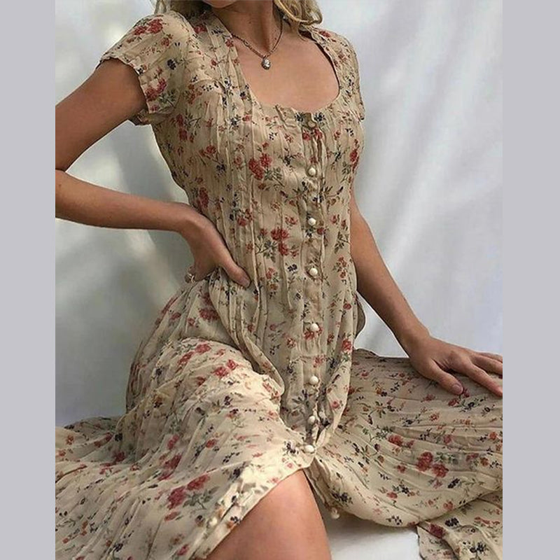 Womens Maxi Summer Dress Floral Button Closure Five Color