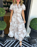 Toile Print Maxi Dress Tiered Smocked Waist