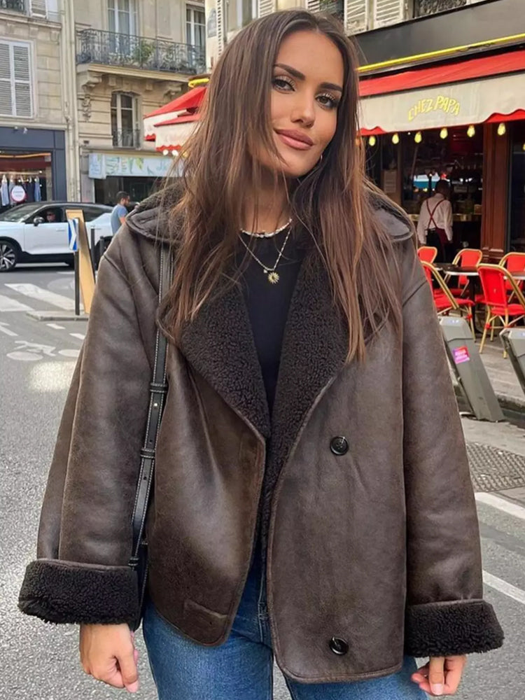 Women's Oversized Jacket Faux Fur Collar Faux Leather Winter