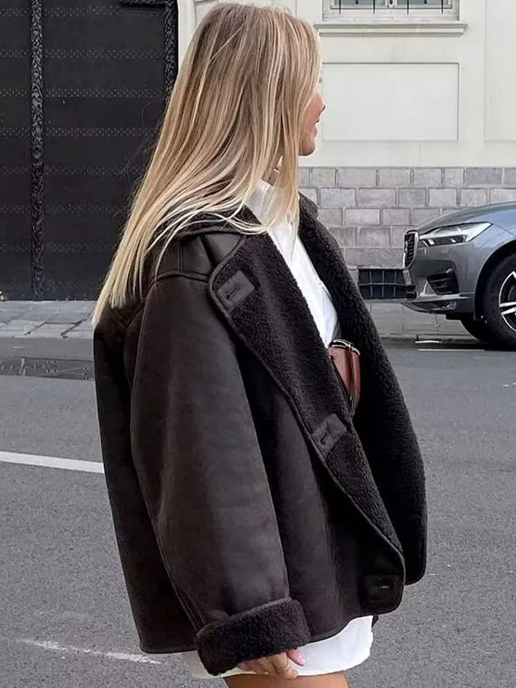 Women's Oversized Jacket Faux Fur Collar Faux Leather Winter