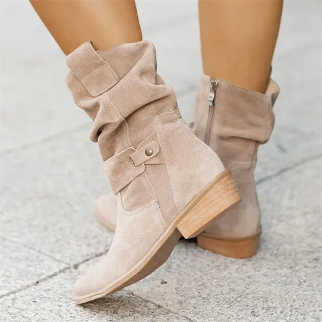 Suede Ankle Boots Slouchy Western Mid Calf Wooden Heel