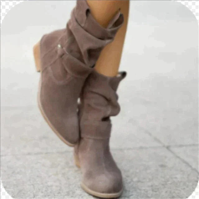 Suede Ankle Boots Slouchy Western Mid Calf Wooden Heel