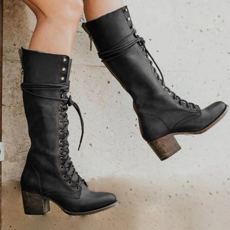 Lace Up Knee High Boots Leather Chunky Heel Vintage Fall