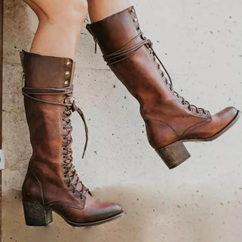 Lace Up Knee High Boots Leather Chunky Heel Vintage Fall