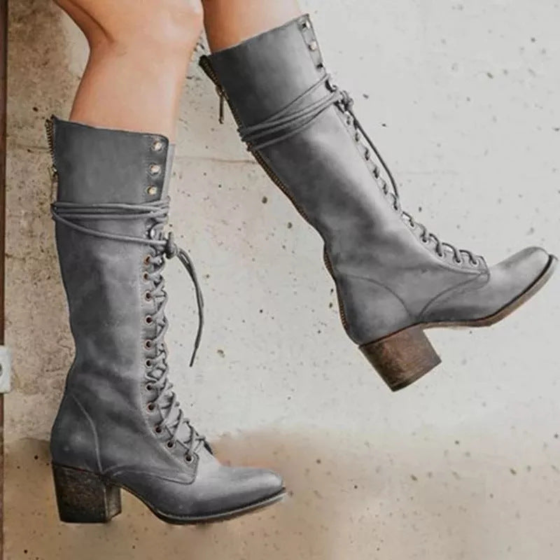 Lace Up Knee High Boots Leather Chunky Heel Vintage Fall
