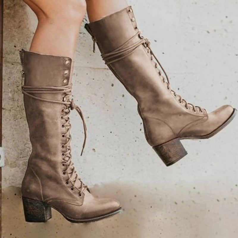 Lace Up Knee High Boots Leather Chunky Heel Vintage Fall
