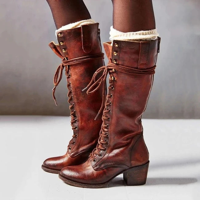 Lace Up Knee High Boots Leather Chunky Heel Vintage Fall