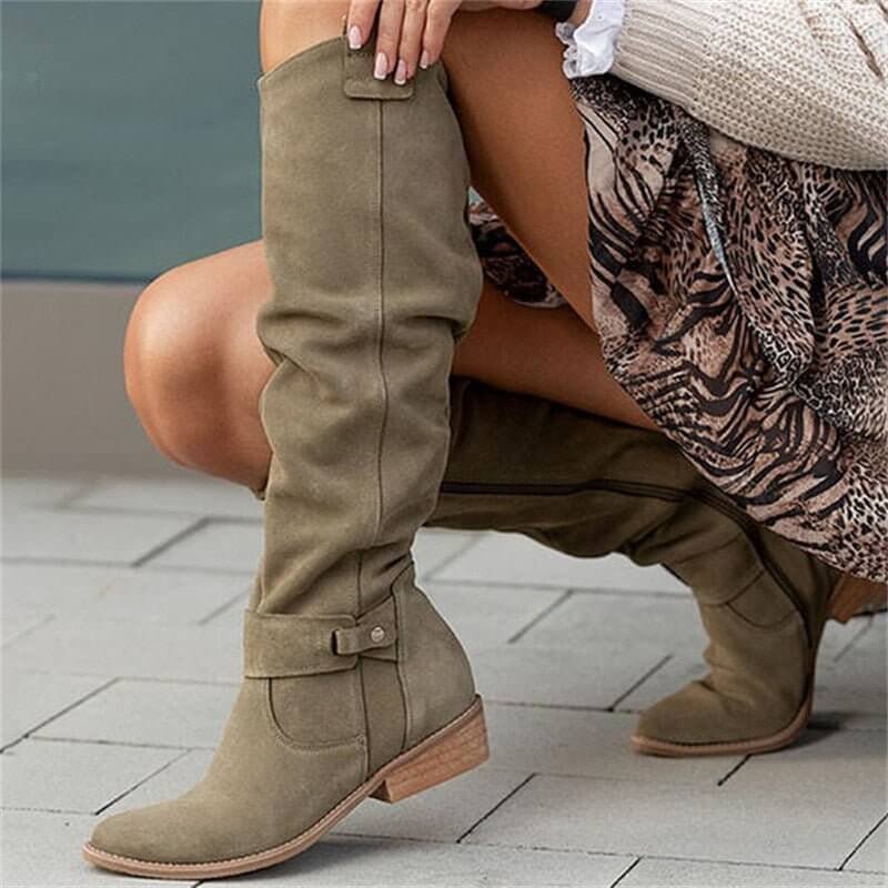 Suede Knee High Boots Slouchy Side Buckle Block Heel Winter