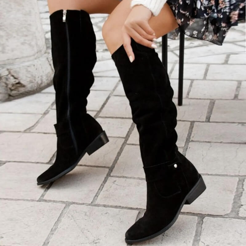 Suede Knee High Boots Slouchy Side Buckle Block Heel Winter