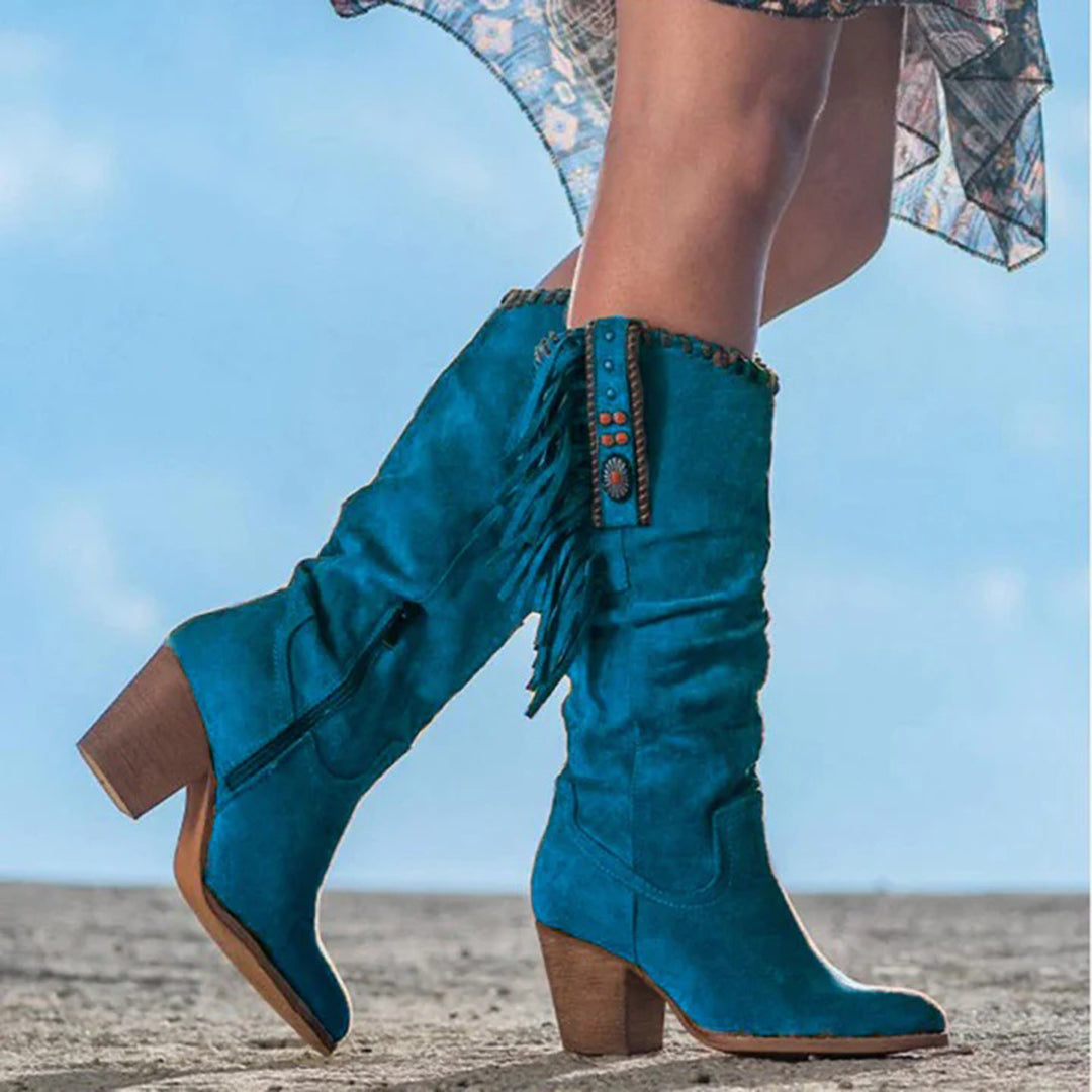 Cowboy Boots Block Heel Western Round Toe Vintage