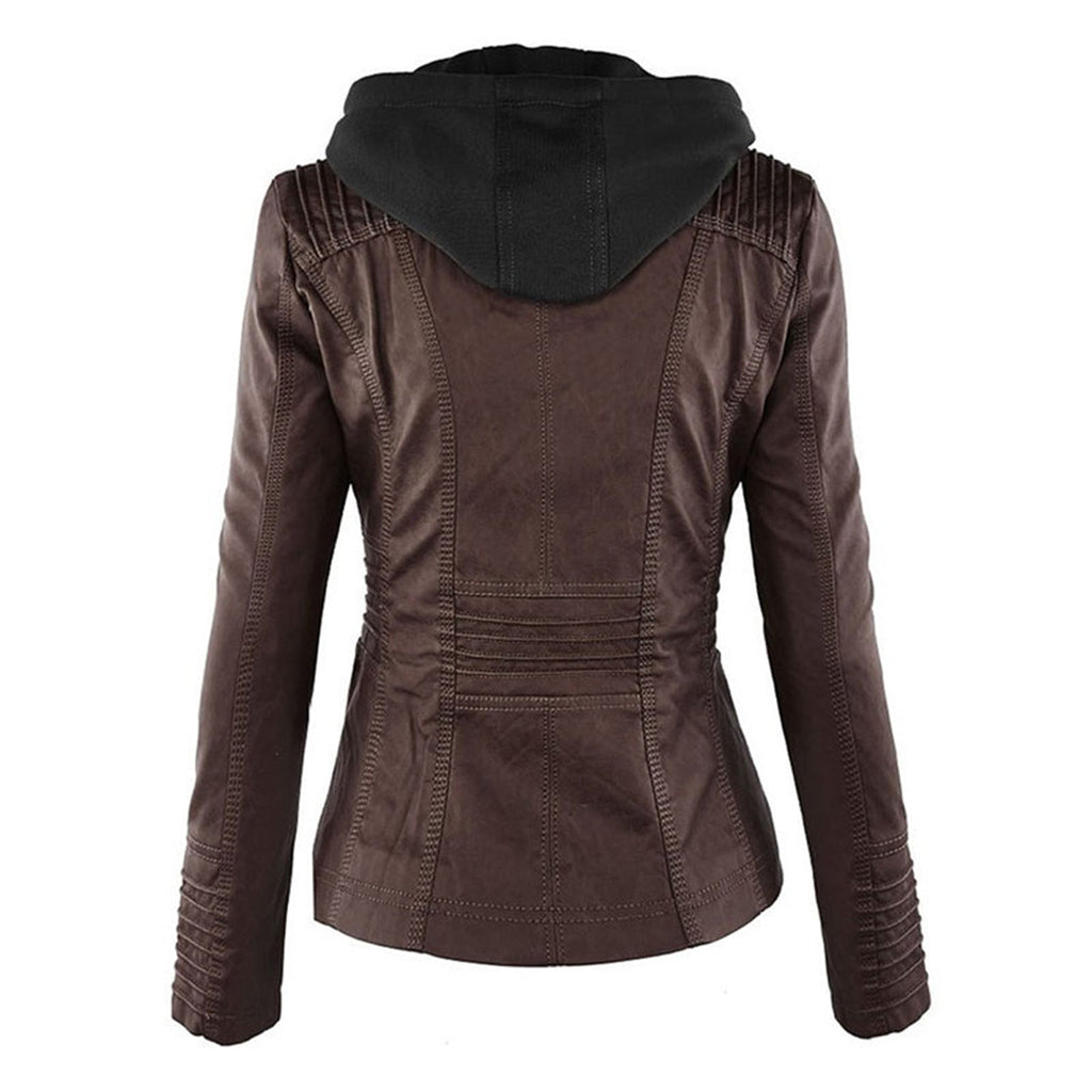 Women's Faux Leather Jacket Hooded Water Repellent