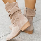 Suede Ankle Boots Slouchy Wooden Heel Round Toe Fall