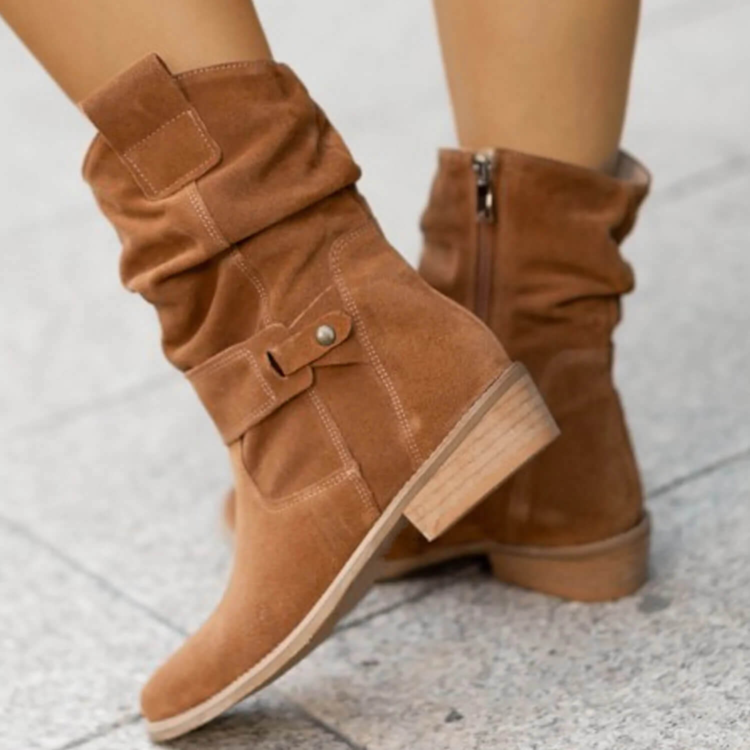 Suede Ankle Boots Slouchy Wooden Heel Round Toe Fall