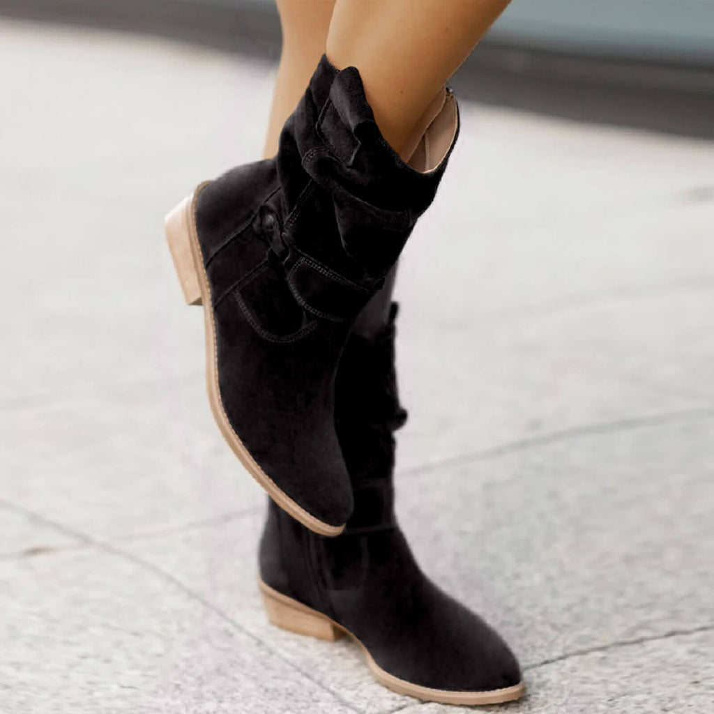 Suede Ankle Boots Slouchy Wooden Heel Round Toe Fall