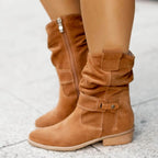 Suede Ankle Boots Slouchy Wooden Heel Round Toe Fall