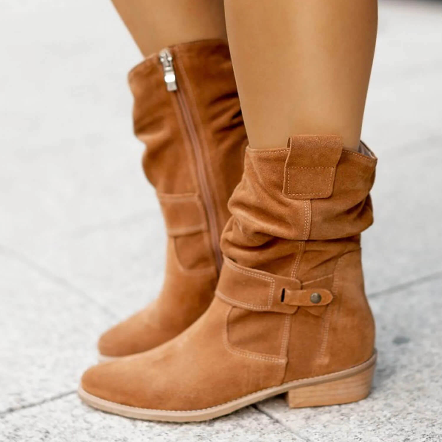 Suede Ankle Boots Slouchy Wooden Heel Round Toe Fall