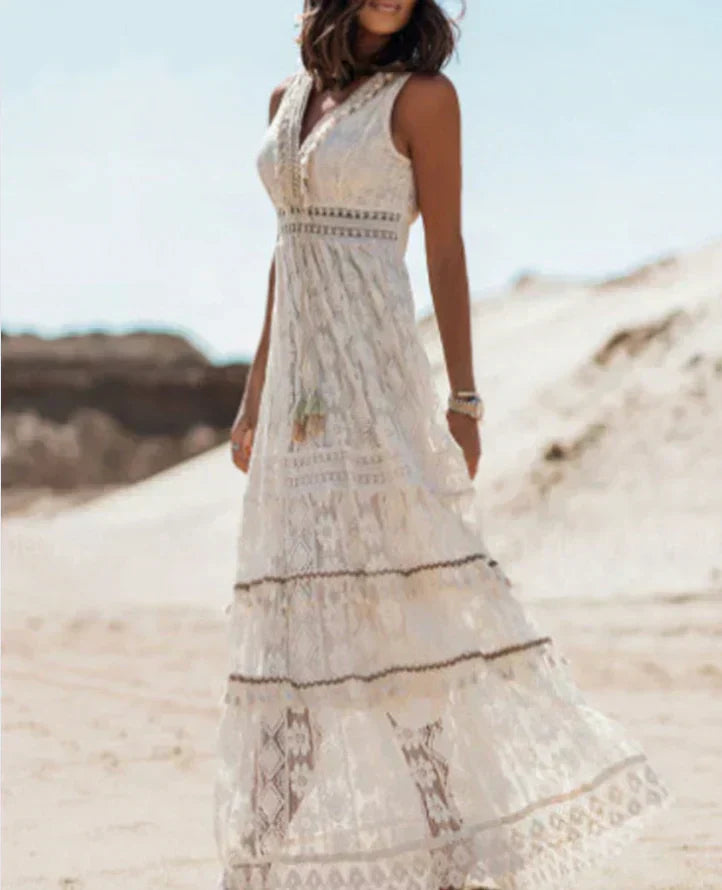 Womens Boho Beach Dress Lace Detail V Neck Fitted Waist