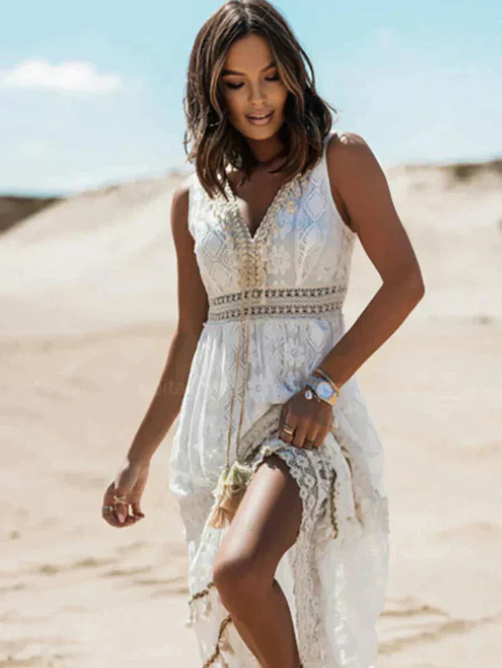 Womens Boho Beach Dress Lace Detail V Neck Fitted Waist