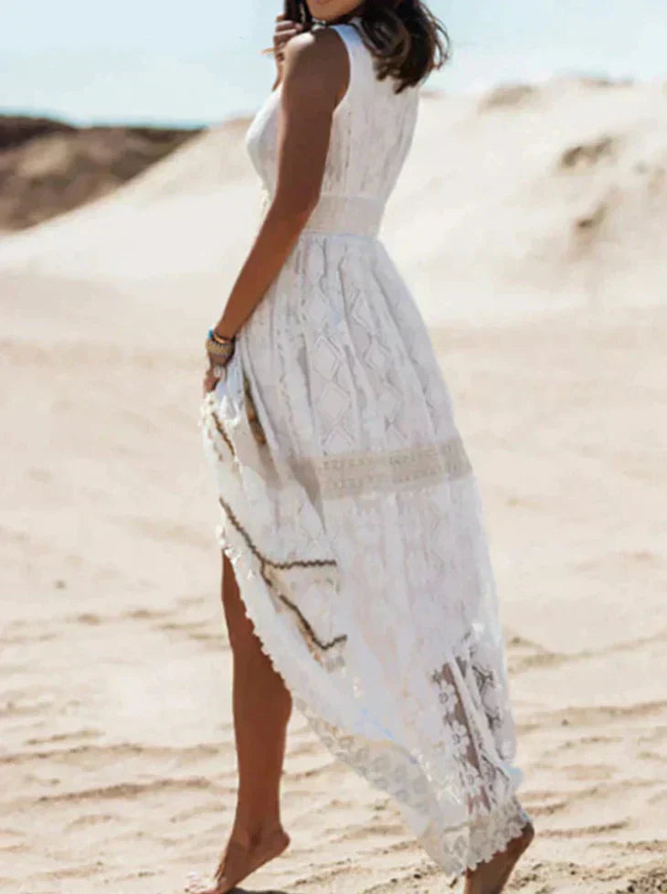 Womens Boho Beach Dress Lace Detail V Neck Fitted Waist