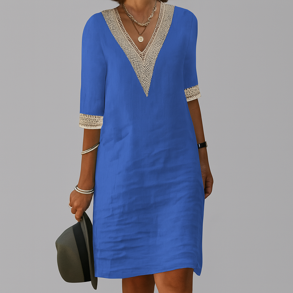 Womens Mini Summer Dress V Neck Lace Detail Four Color