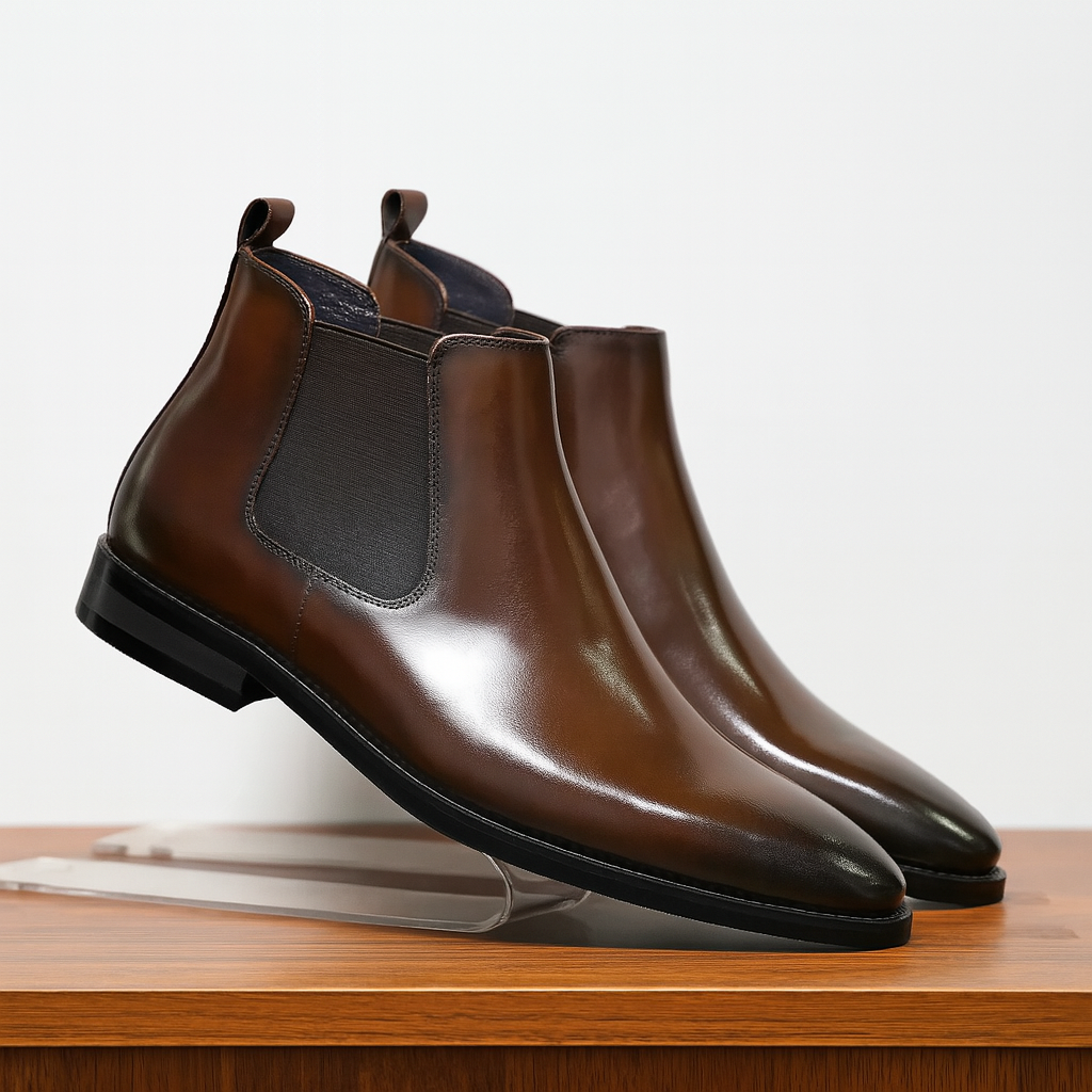 Leather Chelsea Boots Elastic Panel Low Heel Round Toe