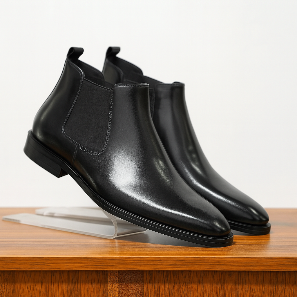 Leather Chelsea Boots Elastic Panel Low Heel Round Toe