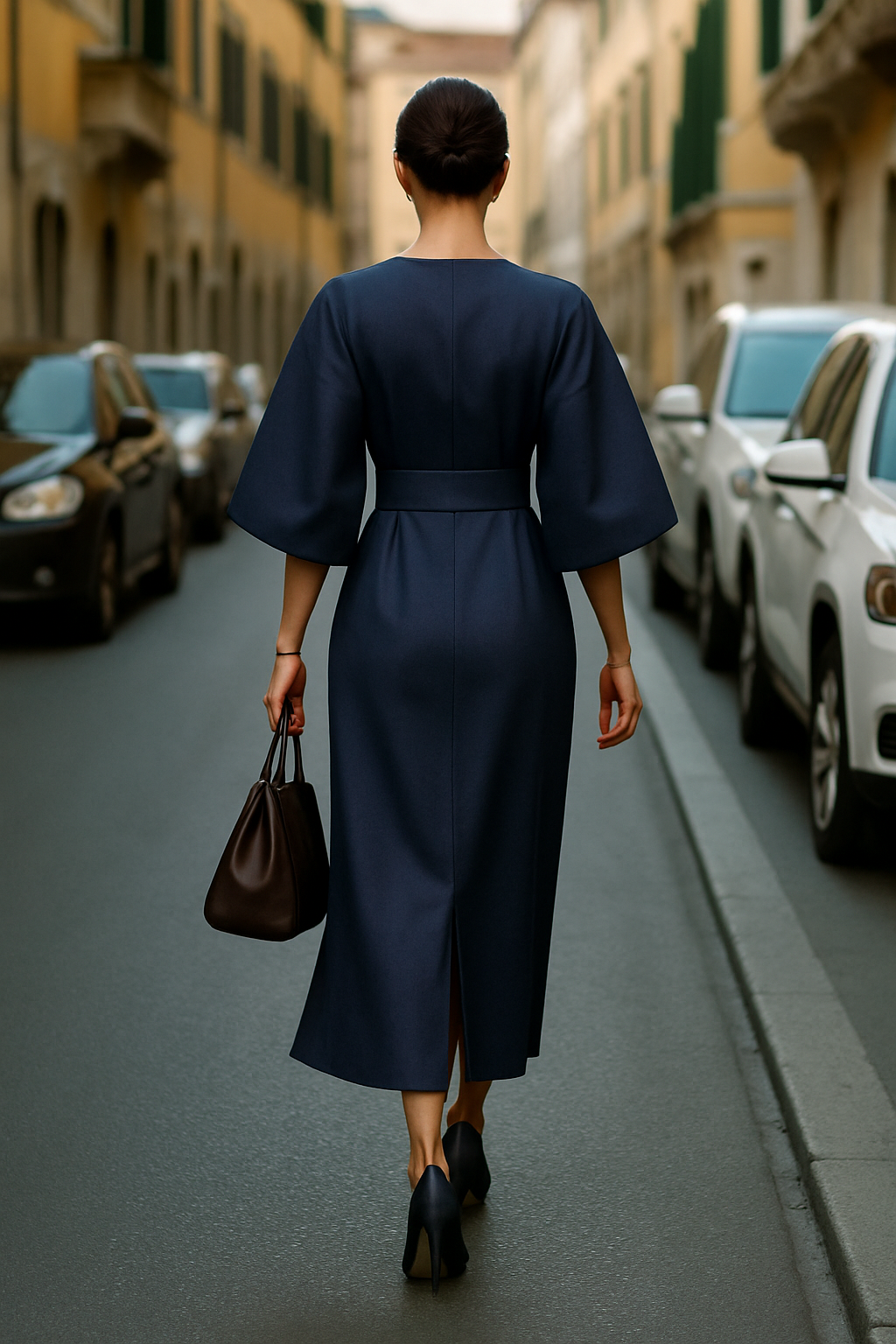 Womens Wide Sleeve Midi Dress Belted