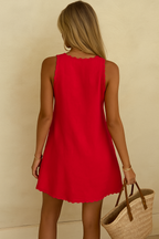 Womens Linen Summer Mini Dress Wavy Hem