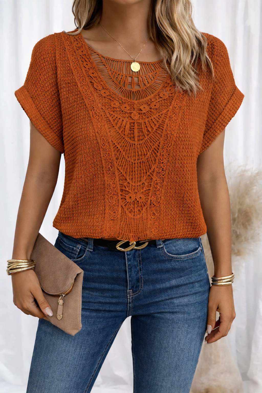Round Neck Top Lace Trim Short Sleeve