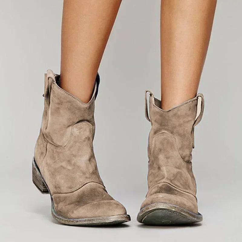 Western Ankle Boots Distressed Suede Block Heel Cowgirl