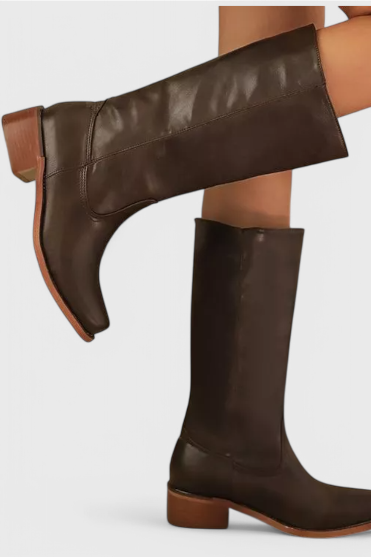 Knee High Boots Leather Stacked Heel Round Toe Classic