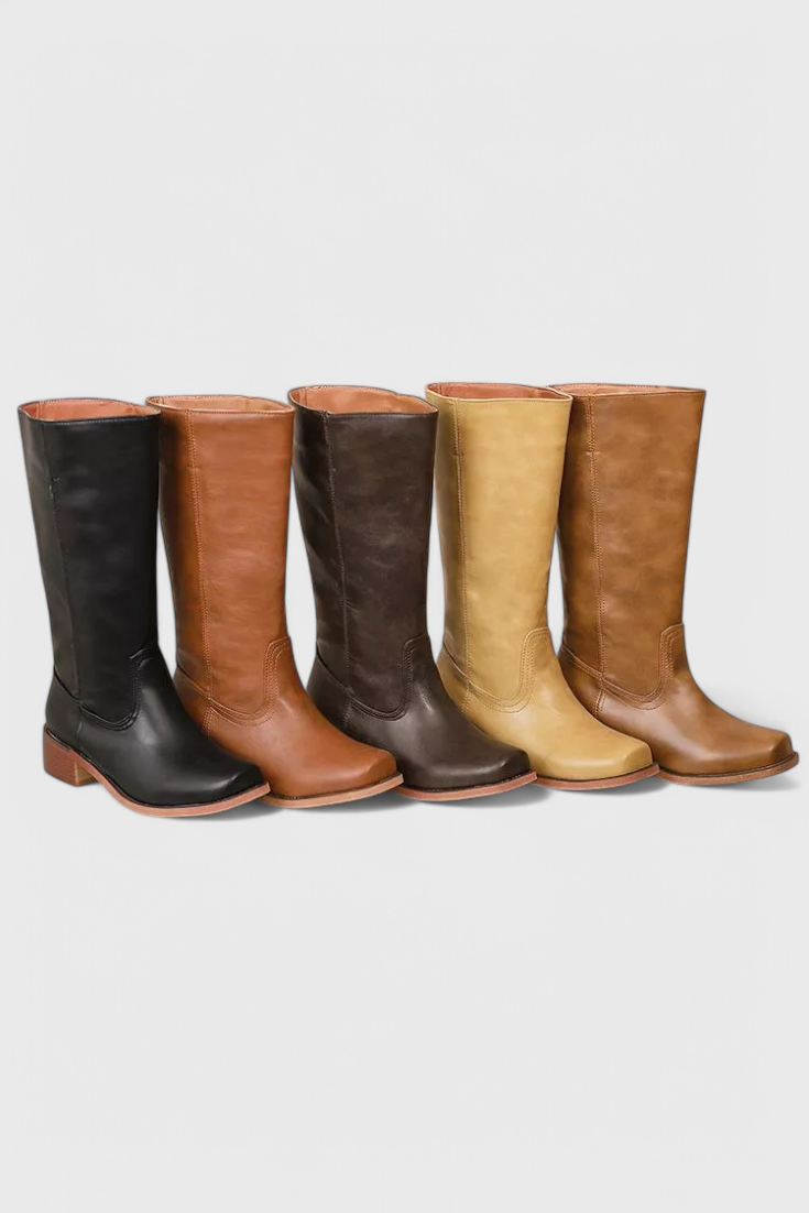 Knee High Boots Leather Stacked Heel Round Toe Classic
