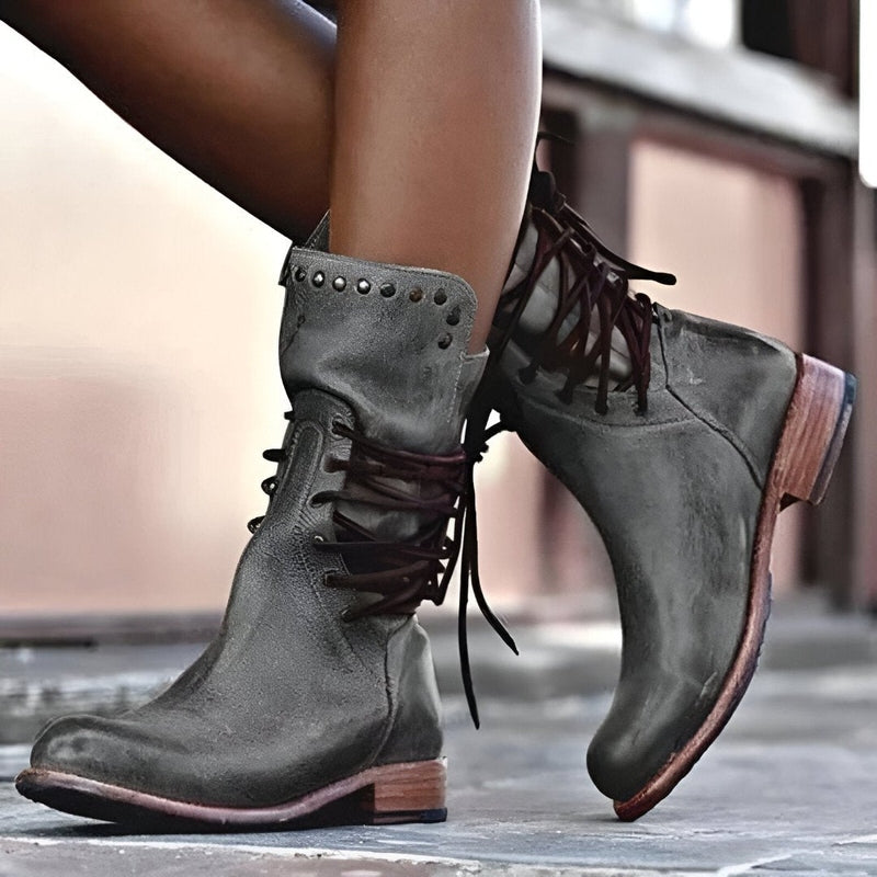 Mid Calf Boots Leather Lace Up Stud Detail Block Heel